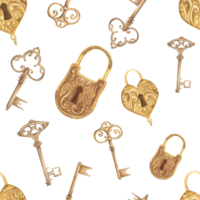 Seamless pattern in vintage style with padlocks and antique keys. Clipart in ochre color. Hand-drawn watercolor illustration. png