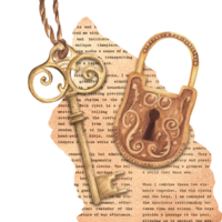 Hand-drawn watercolor illustration. A piece of old newspaper, antique key and lock. Vintage padlock and carved key hanging on the string. Isolated monochrome clipart png