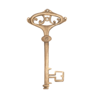 An antique key. Monochrome clip art. An old antiquarian key . Vintage key in ochre color. Hand-drawn watercolor illustration. png