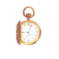 Hand-drawn watercolor illustration. Monochrome antique pocket watch in ochre color. Retro pocket watch png