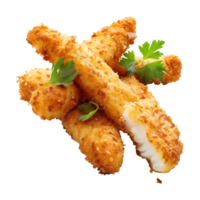 A stack of crispy fried fish sticks topped with fresh parsley. png