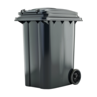 A black trash can with wheels. png