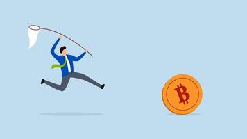 jagen hoch Performance Bitcoin Krypto Währung im Stier Markt, 4k Animation von gierig Investor versuchen zu Fang fliegend Bitcoins. video