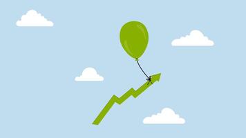 Markt steigend hoch, 4k Animation von Ballon gebunden zu aufsteigend Grün Graph fliegend hoch im das Himmel. video
