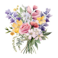 A watercolor painting of a bouquet of different types of flowers. png