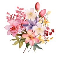 A watercolor painting of a bouquet of different types of flowers. png