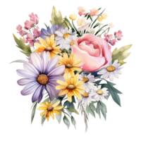 A watercolor painting of a bouquet of different types of flowers. png