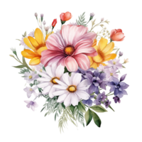 A watercolor painting of a bouquet of different types of flowers. png