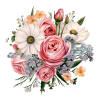 A watercolor painting of a bouquet of different types of flowers. png