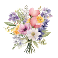 A watercolor painting of a bouquet of different types of flowers. png