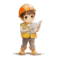 A young boy wearing an orange hard hat and a yellow reflective vest png