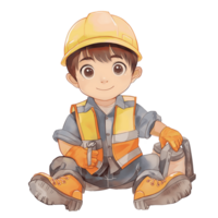 A young boy wearing an orange hard hat and a yellow reflective vest png