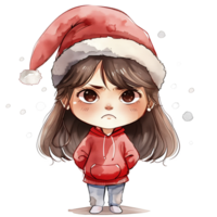 A girl wearing a Santa hat stood, her brow furrowed. png