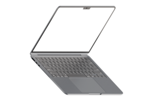 Isometric style photo of gray laptop without background. Template for mockup png