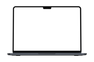 Front side photo of gray laptop without background. Template for mockup png