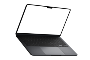 Isometric style photo of gray laptop without background. Template for mockup png