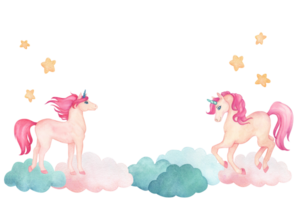 Watercolor rectangular frame with illustration of cute cartoon fairytale pink unicorns , stars and clouds. For decorating children's room, wallpapers, postcards and invitations png