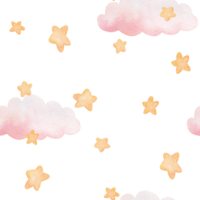 Watercolor seamless pattern with illustration of delicate pink clouds and yellow stars. Handmade, isolated. For children's textiles, wallpaper and clothing png