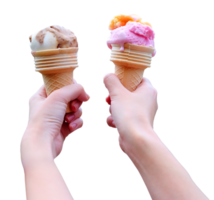 Closed up woman hand holding couple waffle strawberry and chocolate ice cream cone png