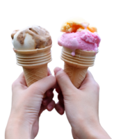 Closed up woman hand holding couple waffle strawberry and chocolate ice cream cone png