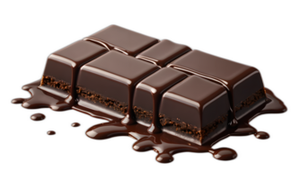 un oscuro chocolate barras con derritiendo, delicioso chocolate jarabe, aislado en un transparente antecedentes png