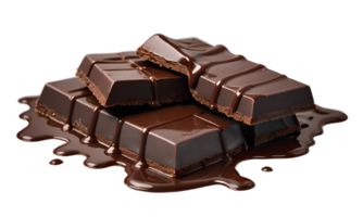 un oscuro chocolate barras con derritiendo, delicioso chocolate jarabe, aislado en un transparente antecedentes png