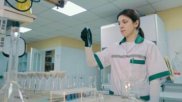 enfocado científico inspeccionando prueba tubo con azul químico líquido. oscuro peludo mujer en laboratorio uniforme y guantes conductible laboratorio análisis. bioquímica concepto video