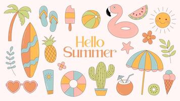 Collection of colorful summer elements. Flamingo, sunglasses, fruits, palm, surfboard, beach umbrella. illustration vector