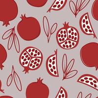 Seamless pattern of red pomegranates with leaves on a gray trendy background vector