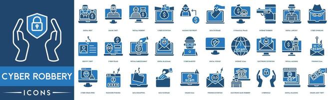 Cyber Robbery icon set. Digital Heist, Online Theft, Virtual Robbery, Cyber Extortion, Hacking for Profit, Data Pilferage, E-Financial Fraud, Internet Robbery, Digital Larceny vector