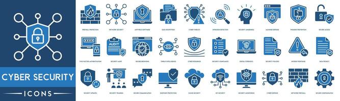 Cyber Security icon. Firewall Protection, Network Security, Antivirus Software, Data Encryption, Cyber Threats, Intrusion Detection, Security Awareness icon set. vector