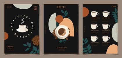 Set of minimal background templates with coffee beans and coffee mug for invitations, cards, banner, brochure, poster, cover, cafe menu or another design. vector