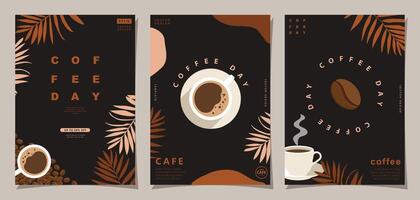 Set of minimal background templates with coffee beans and coffee mug for invitations, cards, banner, brochure, poster, cover, cafe menu or another design. vector