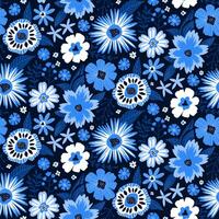 floral sin costura modelo en azul colores. contemporáneo plano estilo ilustración. repetir tela fondo de pantalla impresión textura. perfectamente para envase papel, textil, decoración ornamento, cubrir. vector