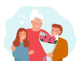 The grandchildren congratulate their grandmother, hug her, and give her flowers. An elderly woman and kids together. vector