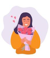 retrato de un alegre niña con un ramo de flores en su manos. hermosa Rosa flores empaquetado como un regalo para un día festivo, para un bueno humor. vector