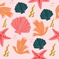 Seamless sea ocean pattern with corals, algae, star fish, sea shell vector