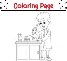 boy experimenting with microscope chemical lab coloring book page for kids. vector