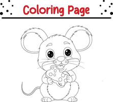 cute mouse holding cheese coloring book page for kids. vector