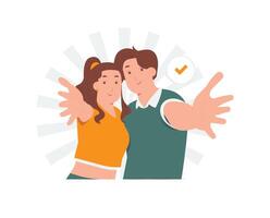 mujer y hombre gesticulando Bienvenido firmar, sonriente mientras de pie, extensión manos falto abrazo abrazo, acogedor concepto ilustración vector