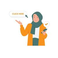 Young muslim woman holding mobile phone and pointing index finger to the side at blank empty copy space concept illustration vector