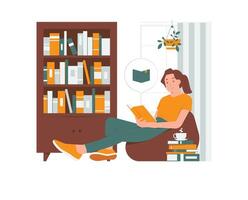 mujer leyendo libro relajante sentado reclinable en frijol bolso sofá y teniendo descanso a hogar, educación ocupaciones aprendiendo, en línea curso, capacitación, espalda a colegio concepto ilustración vector