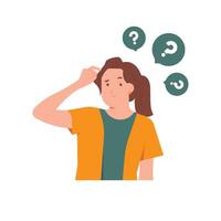 Confused woman worry with uncertain feeling doubtful decision, Thinking with serious thoughtful expression, question mark, dilemma, undecided concept illustration vector