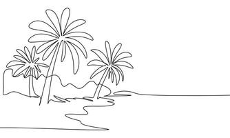 Tropical landscape, one line continuous. Palms tree and sea line art view. Hand drawn art. vector