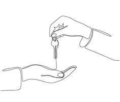 Housing rental concept, one line continuous. Two hands and key line art view. Hand drawn art. vector