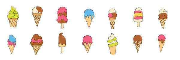 Collection of color outline ice cream. Doodle ice cream icons set. Hand drawn art. vector