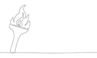 Torch with flame, one line continuous. Torch and fire line art view. Hand drawn art. vector