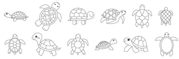 Collection of turtles isolated in doodle style. Outline tortoise sets. Hand drawn art. vector