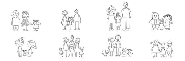 Collection of families kids drawn isolated in doodle style. Outline families sets. Hand drawn art. vector