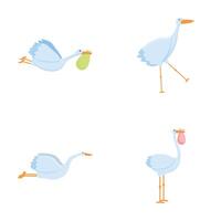 Cute stork icons set cartoon . Cartoon cute stork carrying baby vector